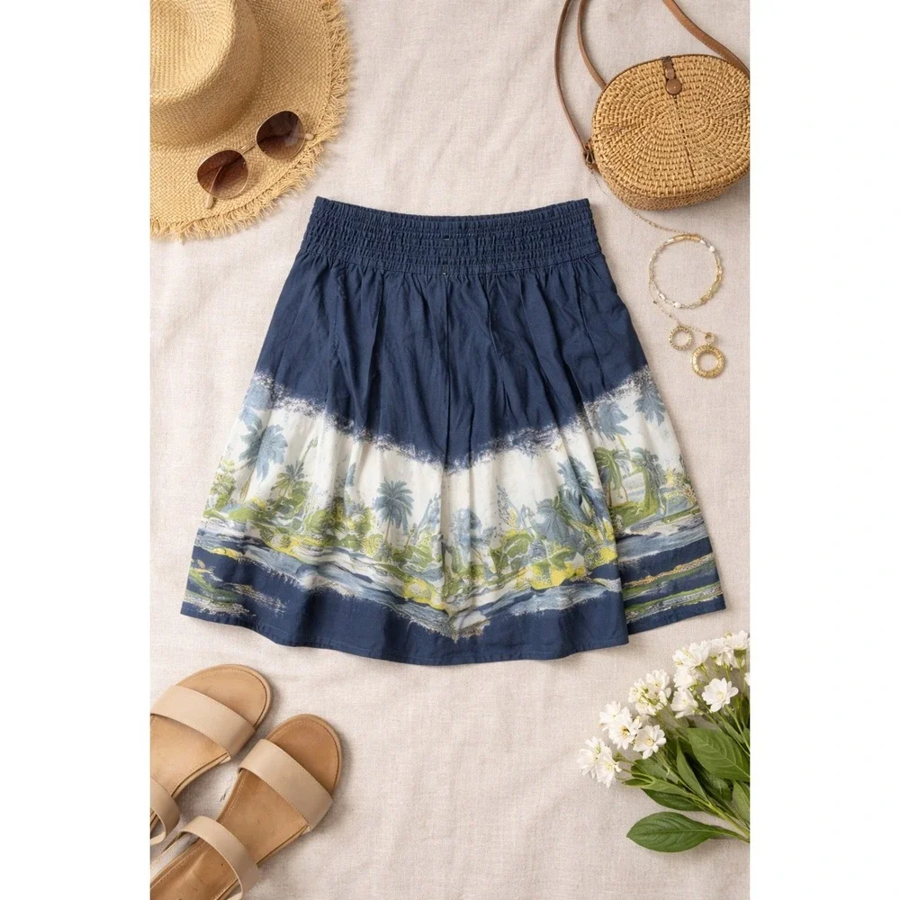 Old Navy Women Blue Tropical Scenic Palm Tree Pleated Mini Skirt 4 Cotton Resort - Picture 1 of 6
